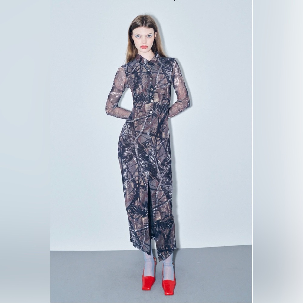 Forest Camo Mesh Long Sleeve Button Dress